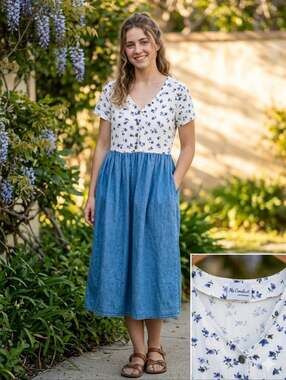 Ms Conduct Floral Tops Denim Skirt Midi Dress M/L Button Front Modest Cottagecor